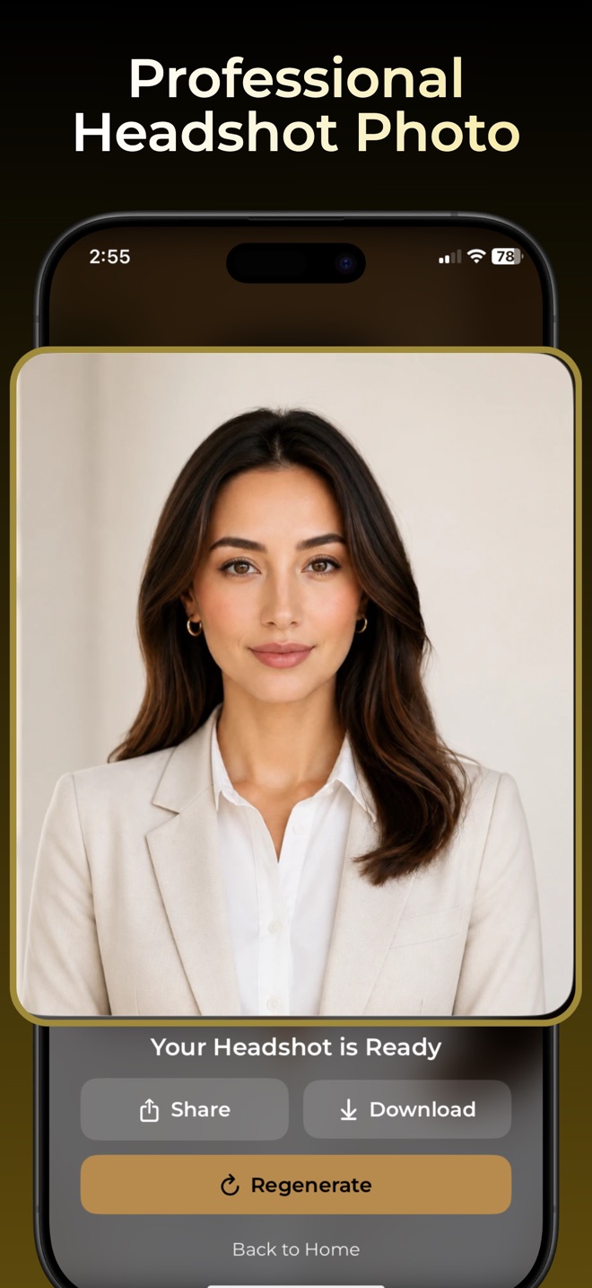 Generated portrait on the Headshot app result screen with Download and Share controls