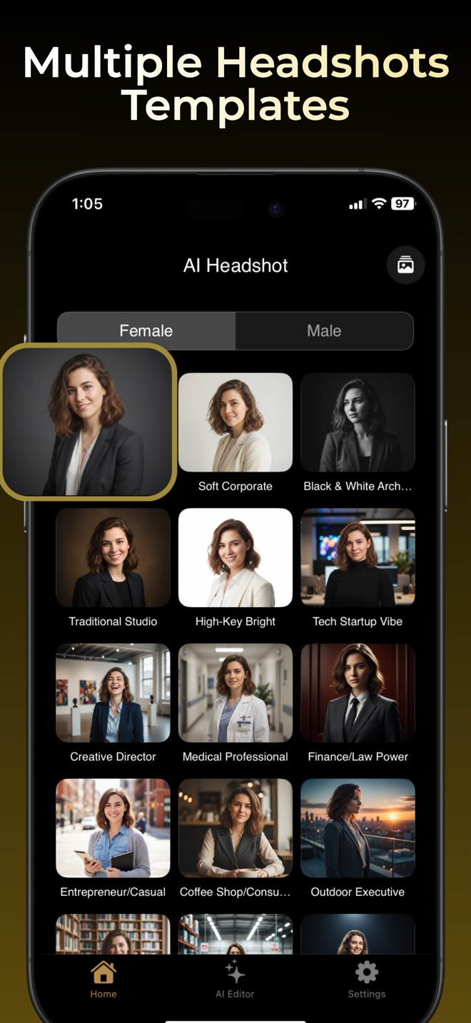 Headshot app template picker showing professional portrait styles